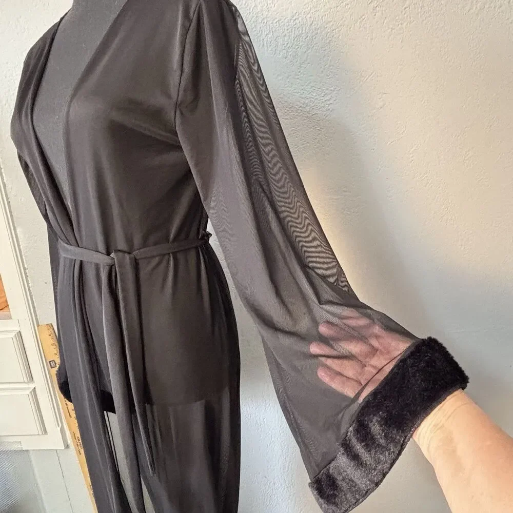 LEG AVENUE Black Sheer Duster Robe Faux Fur Border Sleeves And Hem Size S/M